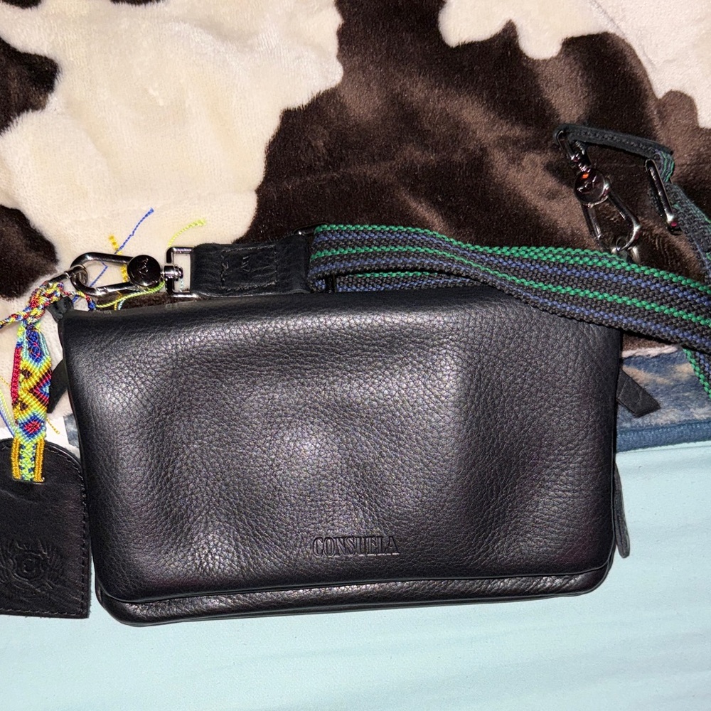 Consuela Black Leather Belt Bag with Multicolor Strap